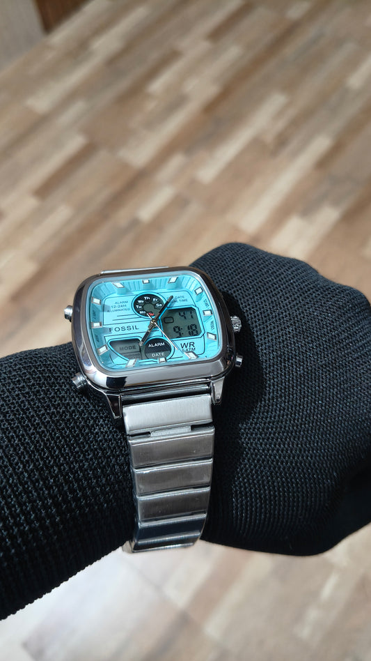 FOSSIL Premium Sky Blue Analog-Digital Multifunction Watch – Stainless Steel