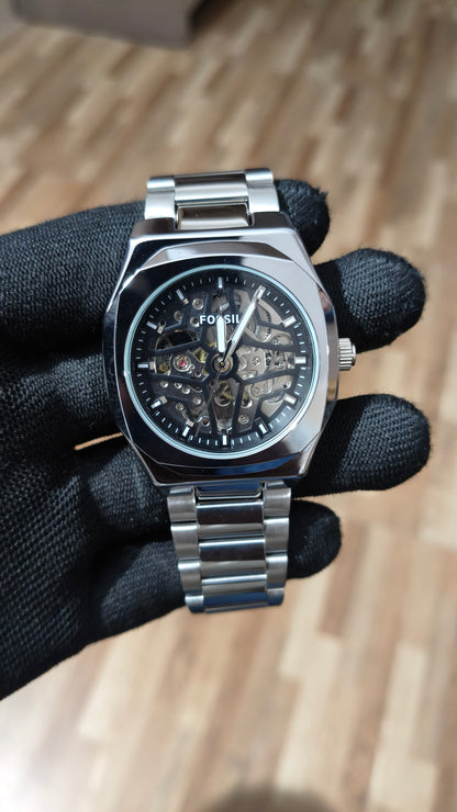 FOSSIL  Premium Automatic Skeleton Mechanical Watch – Silver Stainless Steel