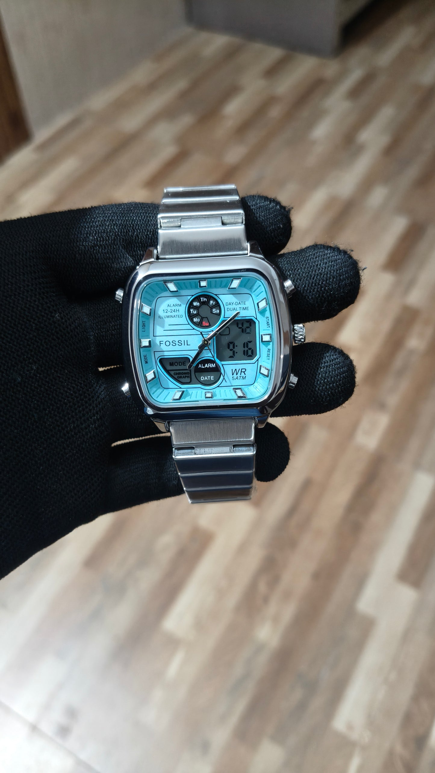 FOSSIL Premium Sky Blue Analog-Digital Multifunction Watch – Stainless Steel