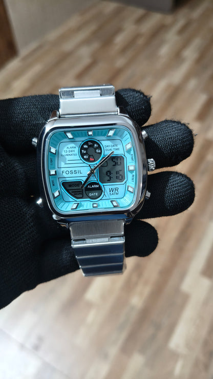 FOSSIL Premium Sky Blue Analog-Digital Multifunction Watch – Stainless Steel