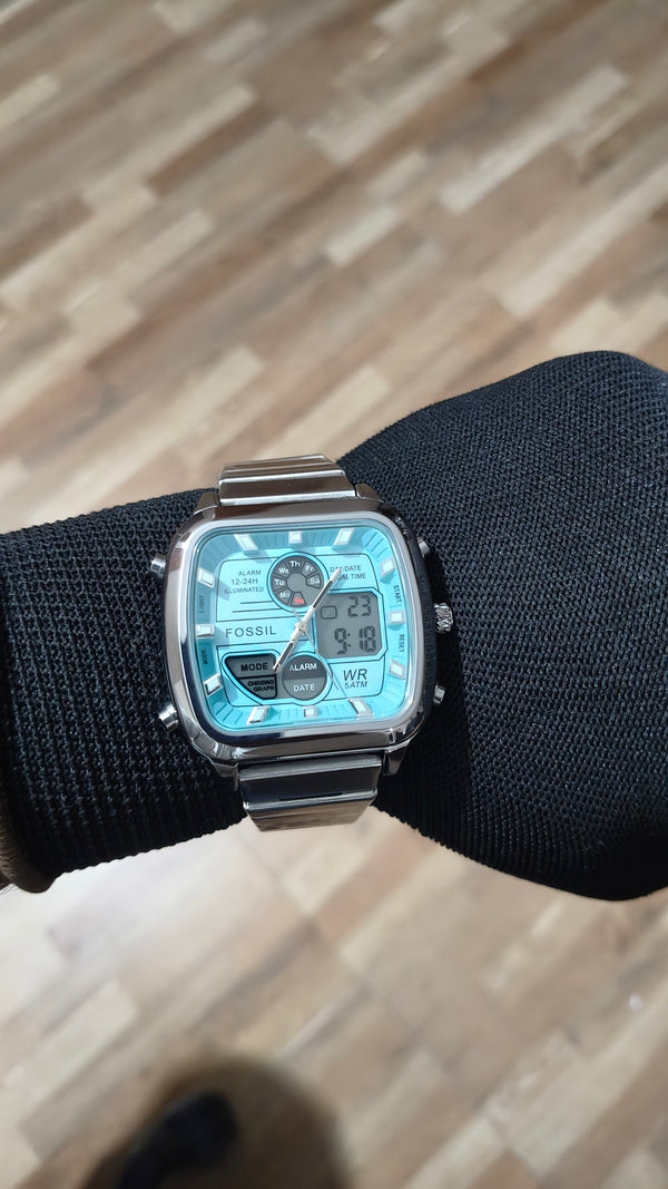 FOSSIL Premium Sky Blue Analog-Digital Multifunction Watch – Stainless Steel