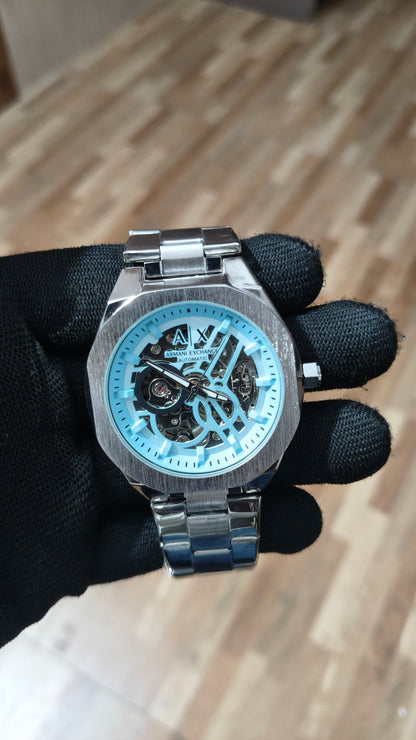 ARMANI EXCHANGE Premium Automatic Skeleton Watch – Stainless Steel Luxury Timepiece