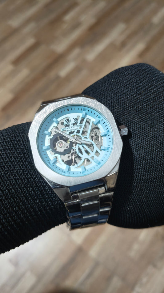 ARMANI EXCHANGE Premium Automatic Skeleton Watch – Stainless Steel Luxury Timepiece