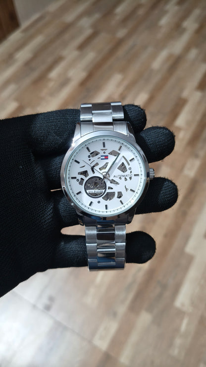 TOMMY HILFIGER Automatic Skeleton White Dial Stainless Steel Watch