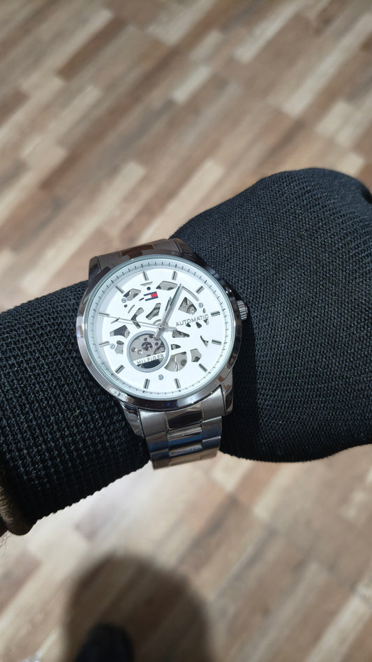 TOMMY HILFIGER Automatic Skeleton White Dial Stainless Steel Watch