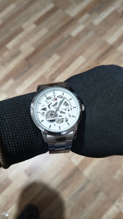 TOMMY HILFIGER Automatic Skeleton White Dial Stainless Steel Watch