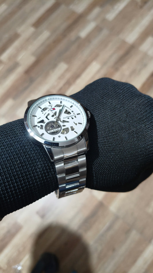 TOMMY HILFIGER Automatic Skeleton White Dial Stainless Steel Watch